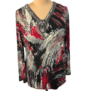 Dana Buchman Red, Black and Gray Abstract Print Beaded Neck Top, Size L